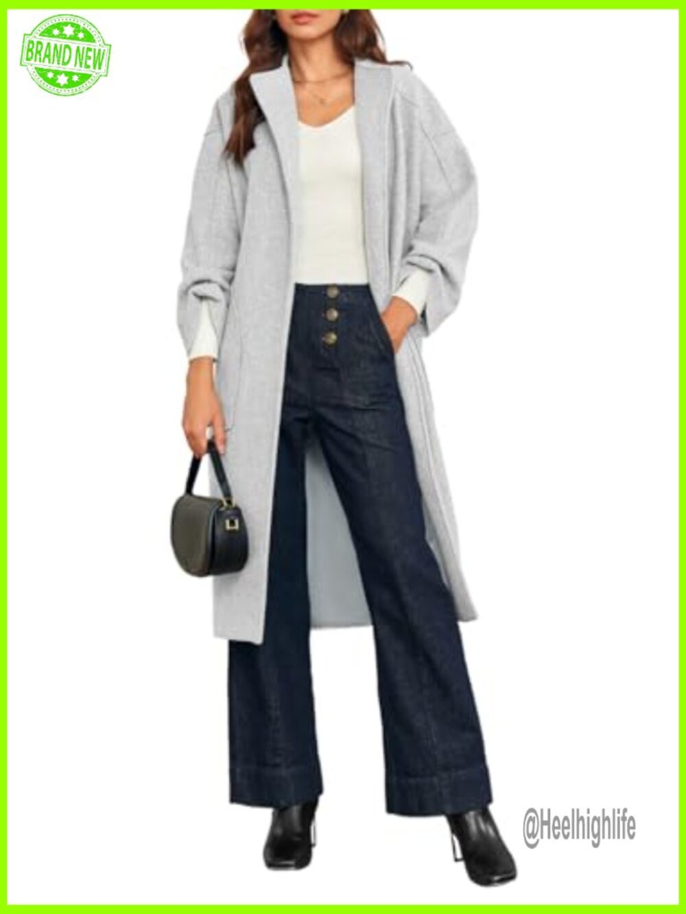 Wool Blend Wrap Pea Coat Oversized Open Front Long Coat - Picture 2 of 7